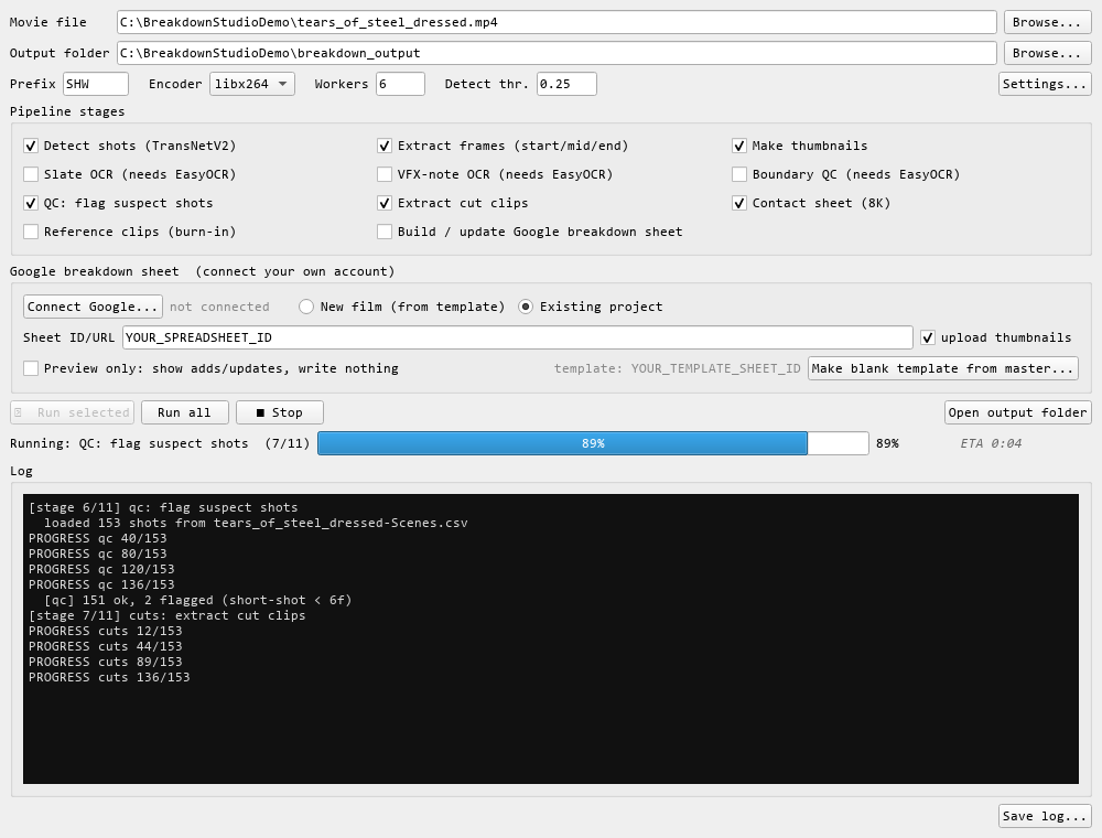 Breakdown Studio Qt app mid-run: QC stage at 89 percent with live log