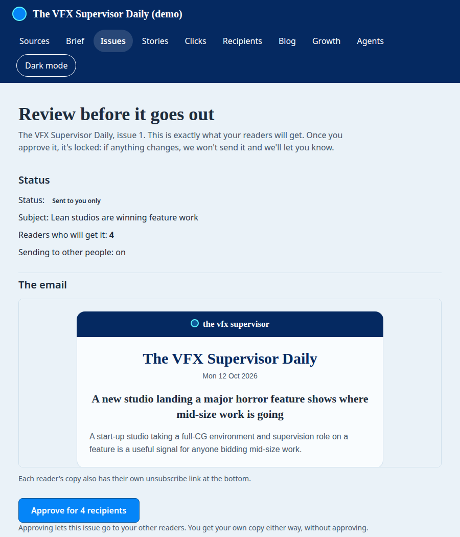 The review screen: Review before it goes out, the email as it will look, and an Approve button.