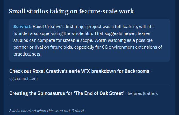 The end of a real web issue, finishing with: 2 links checked when this went out, 0 dead.